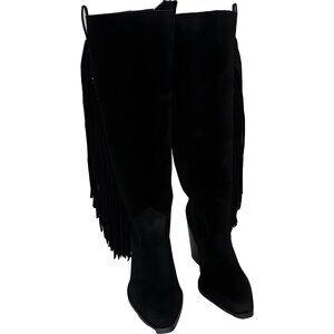 Vince Camuto Pelia Fringe Western Tall Boots Black Suede Women 8M US EU 39
